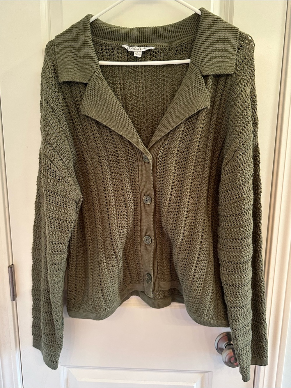Ophelia Roe Olive Crochet Button-Front Cardigan